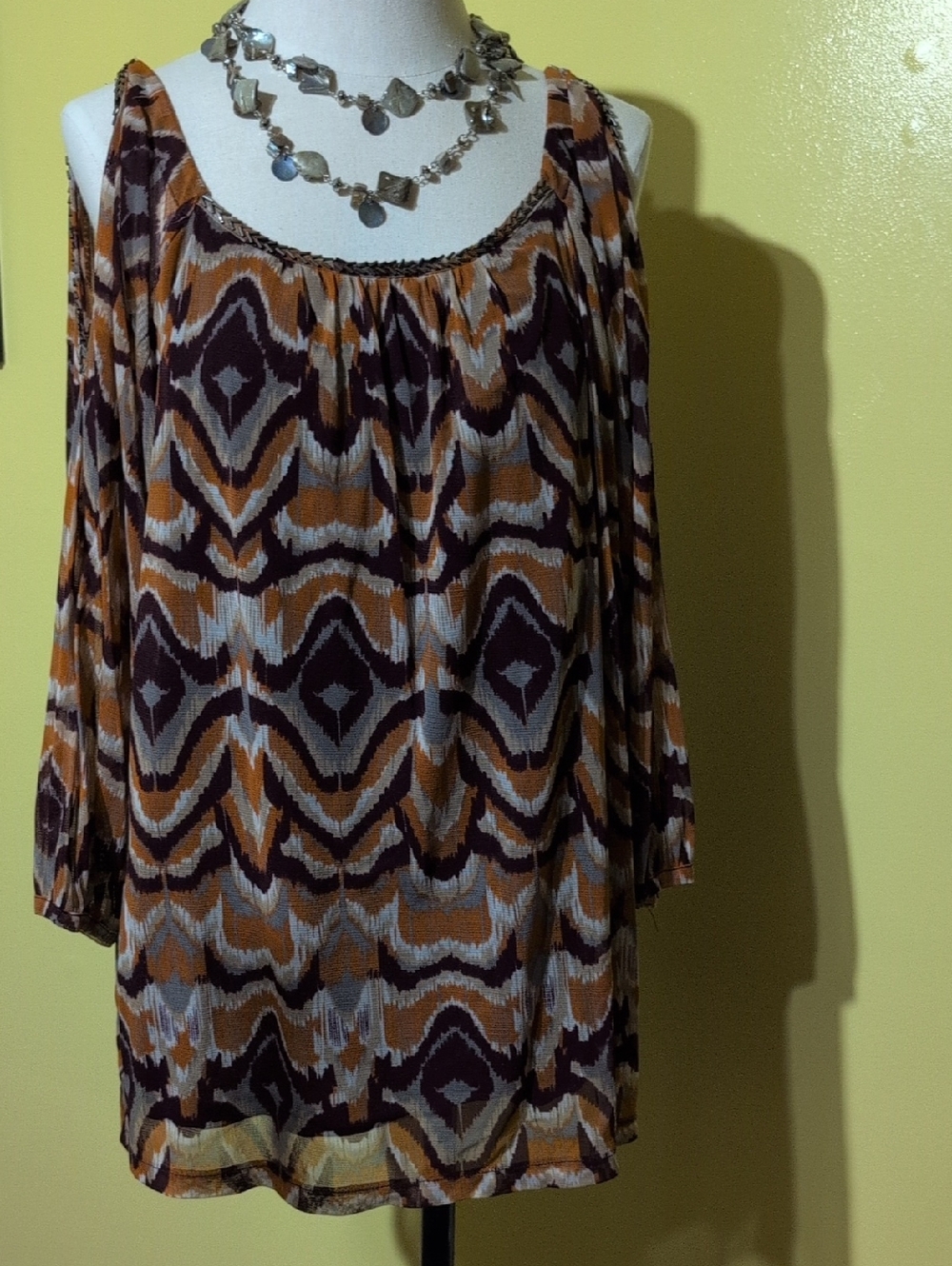 INC International Concepts Multicolor Blouse Beading Neckline And Cutout Sleeves